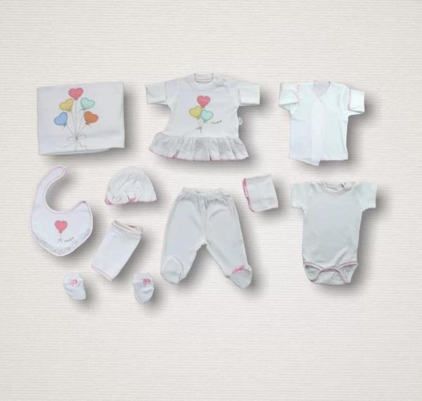 Kalpli Uçan Balon Nakışlı  10lu Zıbın Takımı Hastane Çıkışı Ekru - Image 1