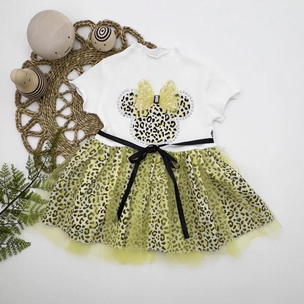 1-2-3 Yaş Fiyonklu Mickey Astarlı Etekli Kız Bebek Tütü Elbisesi Sarı-ekru - Image 1