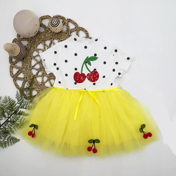 1-2-3 Yaş Payetli Kiraz Nakışlı Kiraz Etekli Kız Bebek Tütü Elbisesi Sarı - Image 1