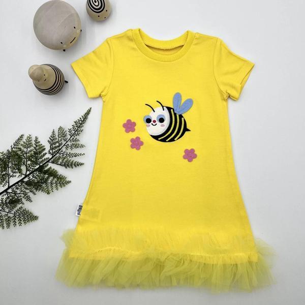 1-2-3 Yaş Arıcık Nakışlı Eteği Fırfırlı Jile Kız Çocuk Elbisesi Sarı - Image 1