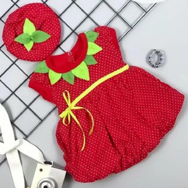 3-6-9 Ay Çilek Bebekler Penye Kumaş Kısa Kol Bebek Elbisesi Kırmızı - Image 1