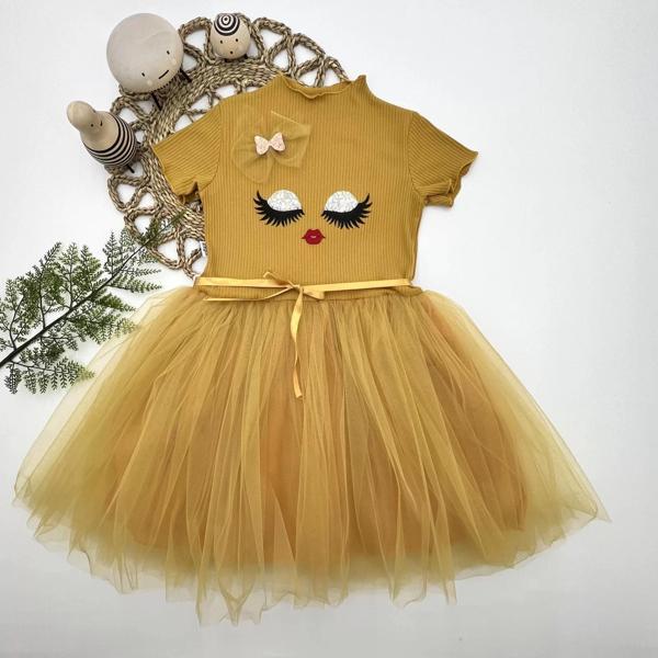 5-6-7 Yaş Payetli Süslü Yüz Baskılı Kız Çocuk Elbisesi Hardal - Image 1