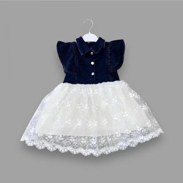 2-3-4 Yaş Astarlı Brode Etekli Kot Kumaş Düğmeli Kız Çocuk Elbisesi Lacivert - Image 1