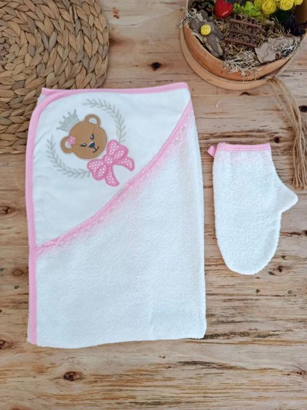 0-1 Yaş Bear Nakışlı El Keseli 2li Kız Bebek Havlu Takımı Pembe - Image 1
