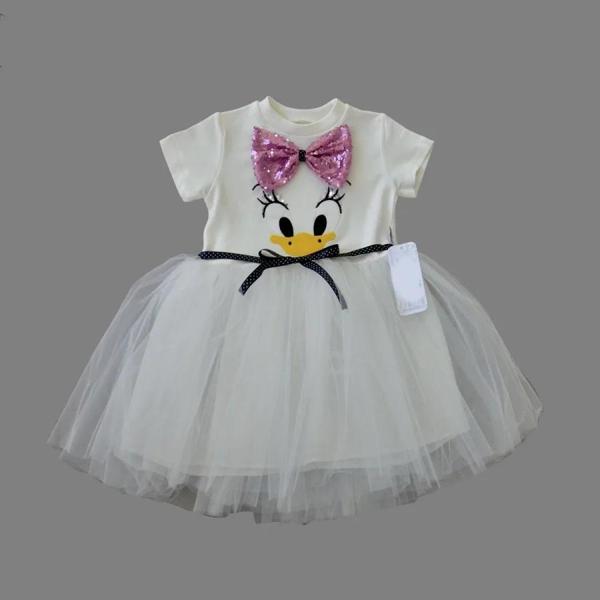 1-2-3 Yaş Payet Fiyonk Tokalı Ördek Nakışlı Astarlı Kız Bebek Tütü Elbisesi Beyaz - Image 1