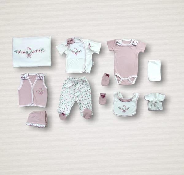 Bahar Çiçekleri Nakışlı  10lu Zıbın Takımı Hastane Çıkışı Gül Kurusu - Image 1