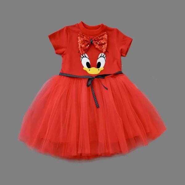 1-2-3 Yaş Payet Fiyonk Tokalı Ördek Nakışlı Astarlı Kız Bebek Tütü Elbisesi Kırmızı - Image 1