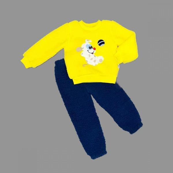 1-2-3 Yaş Toplu Köpek Nakışlı Kuzu Kumaş Sweat Pantolonlu Uzun Kollu Kız Erkek Bebek Takımı Sarı - Image 1