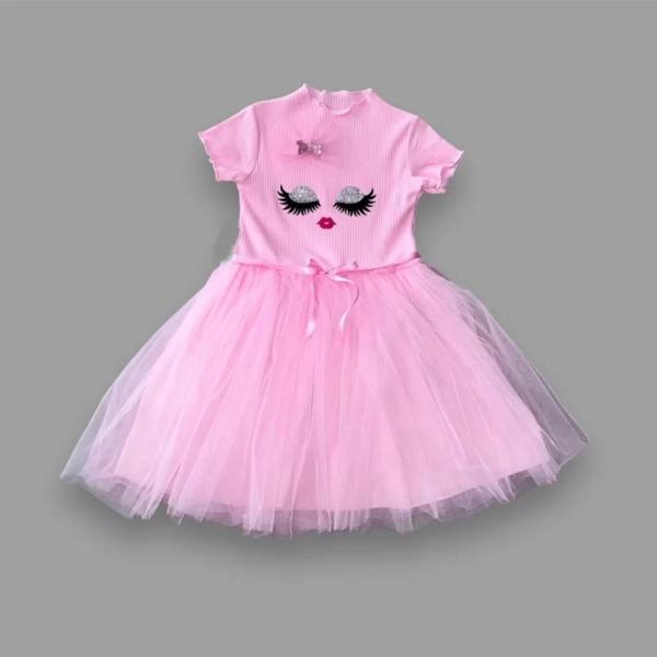 5-6-7 Yaş Payetli Süslü Yüz Baskılı Kız Çocuk Elbisesi Pembe - Image 1