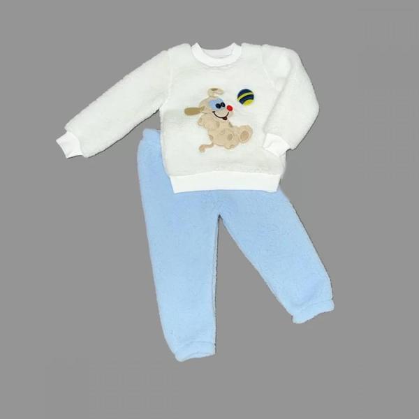 1-2-3 Yaş Toplu Köpek Nakışlı Kuzu Kumaş Sweat Pantolonlu Uzun Kollu Kız Erkek Bebek Takımı Mavi - Image 1