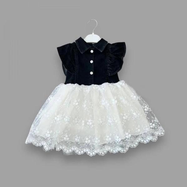 2-3-4 Yaş Astarlı Brode Etekli Kot Kumaş Düğmeli Kız Çocuk Elbisesi Siyah - Image 1