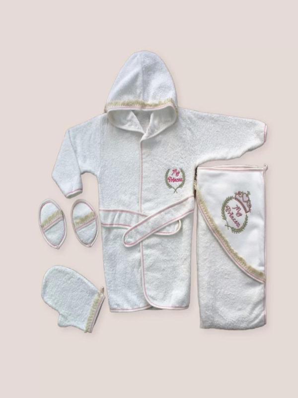 0-6 Ay Kaplan Nakışlı Bornozlu 5li Kız Bebek Havlu Silgi Takımı Pembe - Image 1