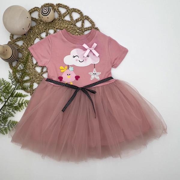1-2-3 Yaş Tül Tokalı Bulut Civciv Ve Yıldız Nakışlı Kız Bebek Elbisesi Gül Kurusu - Image 1