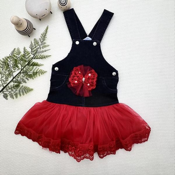 2-3-4 Yaş Fiyonklu Düğme Detaylı Tül Etek Kot Kumaş Salopet Kız Çocuk Elbisesi Siyah-kırmızı - Image 1