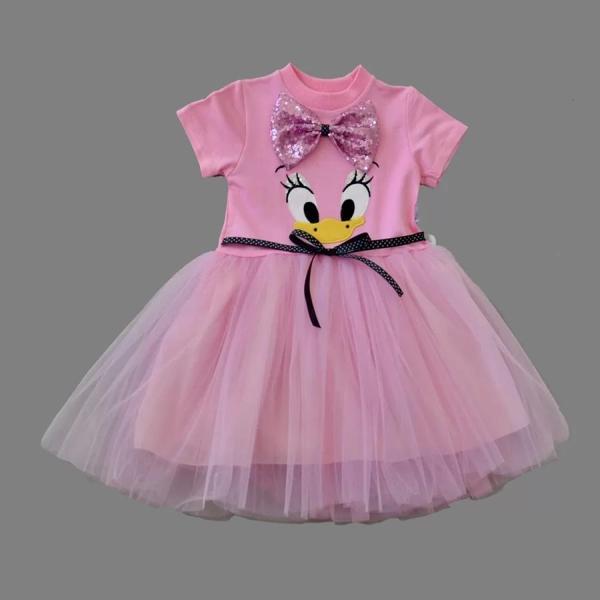 1-2-3 Yaş Payet Fiyonk Tokalı Ördek Nakışlı Astarlı Kız Bebek Tütü Elbisesi Pembe - Image 1