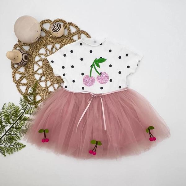 1-2-3 Yaş Payetli Kiraz Nakışlı Kiraz Etekli Kız Bebek Tütü Elbisesi Gül Kurusu - Image 1