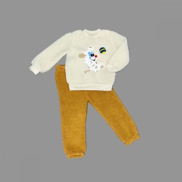 1-2-3 Yaş Toplu Köpek Nakışlı Kuzu Kumaş Sweat Pantolonlu Uzun Kollu Kız Erkek Bebek Takımı Hardal - Image 1