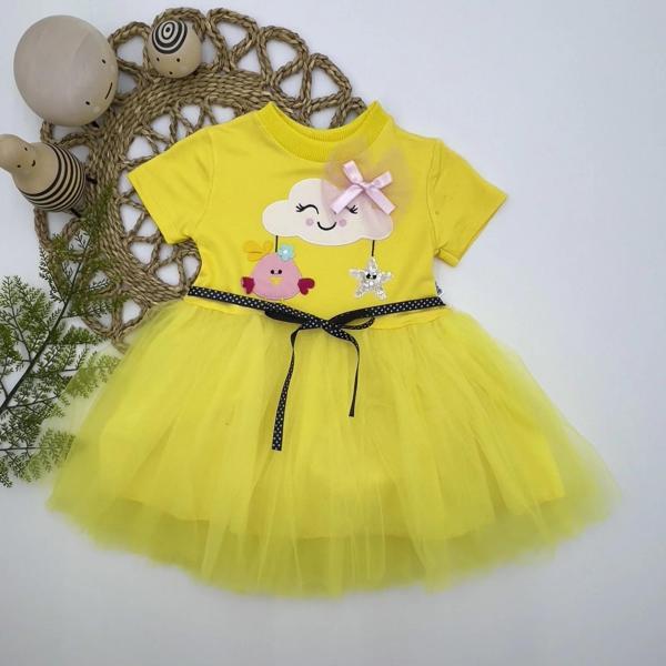 1-2-3 Yaş Tül Tokalı Bulut Civciv Ve Yıldız Nakışlı Kız Bebek Elbisesi Sarı - Image 1