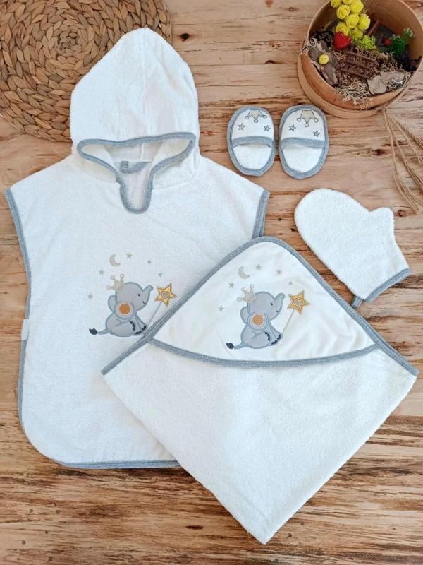 0-1 Yaş Sevimli Fil Nakışlı Pareolu 4lü Kız Erkek Bebek Havlu Silgi Takımı Ekru - Image 1