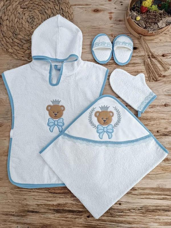 0-1 Yaş Bear Nakışlı Pareolu 4lü Erkek Bebek Havlu Silgi Takımı Mavi - Image 1