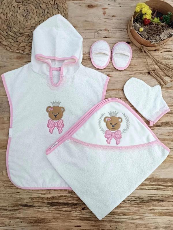 0-1 Yaş Bear Nakışlı Pareolu 4lü Kız Bebek Havlu Silgi Takımı Pembe - Image 1