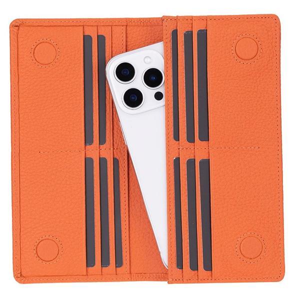 Aura Hakiki Deri, El Yapımı, Telefon Bölmeli, Kadın Cüzdanı, Portakal Renk - Image 1