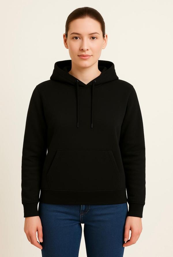 Kadın Siyah 3 İplik şardonlu Kapüşonlu Sweatshirt-W1108-K - Image 1