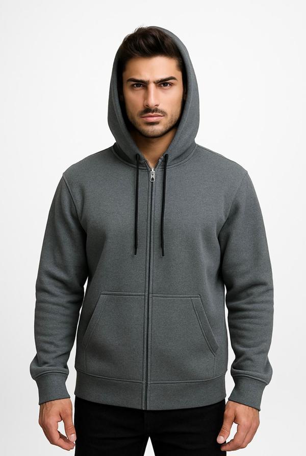 Erkek Gri Fermuarlı Kapüşonlu Sweatshirt 3 İplik Şardonlu-W590 - Image 1
