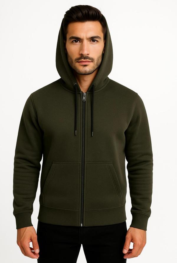 Erkek Haki Fermuarlı Kapüşonlu Sweatshirt 3 İplik Şardonlu-W590 - Image 1