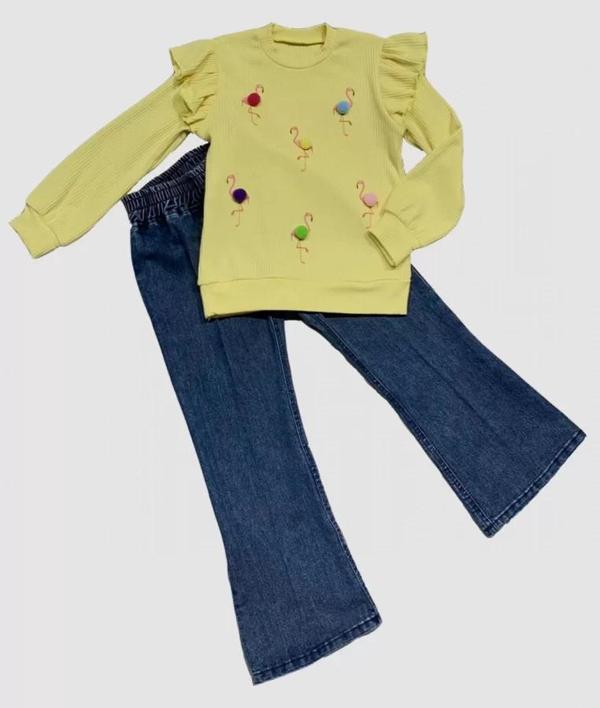 4-5-6 Yaş Kot Pantolonlu Flamingo Desenli Penye Sweat Uzun Kollu 2li Kız Çocuk Takımı Sarı - Image 1