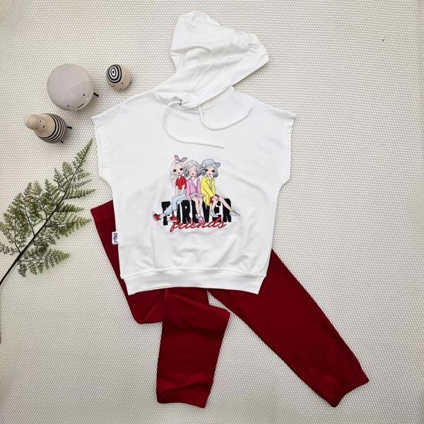 3-4-5 Yaş Forever Cici Kızlar Baskılı Kapşonlu 2li Kız Çocuk Takımı Kırmızı - Image 1