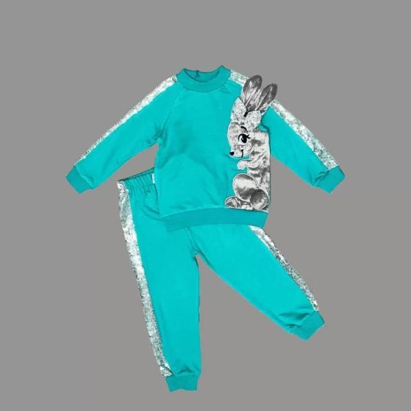 1-2-3 Yaş Payetli Pelüş Tavşan Desenli Likra Penye Kumaş Sweat Pantolonlu Kız 2li Çocuk Takımı Mint  - Image 1