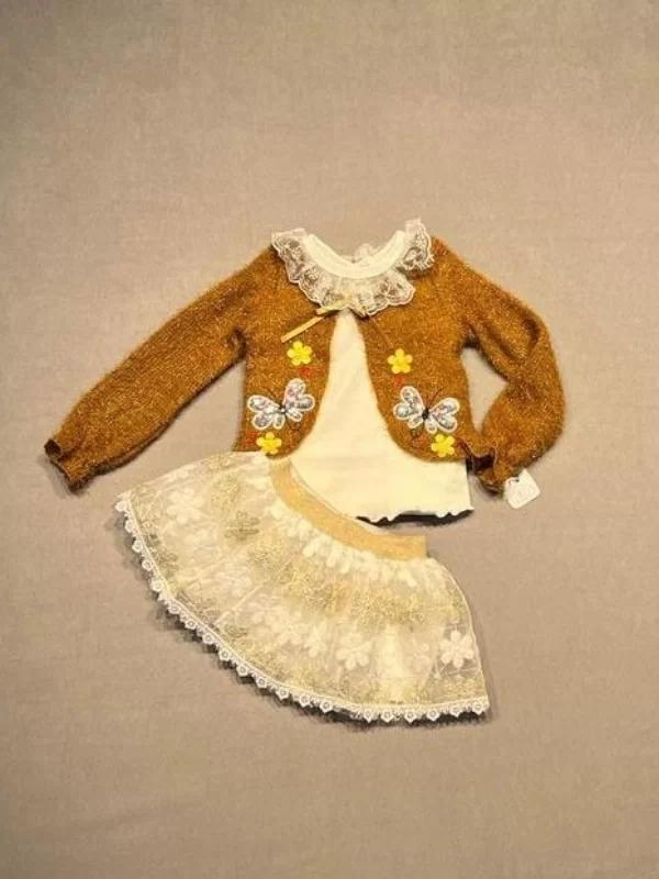 1-2-3 Yaş Brode Etekli Örme Hırkalı Uzun Kollu Sweat 3lü Kız Çocuk Takımı Hardal - Image 1