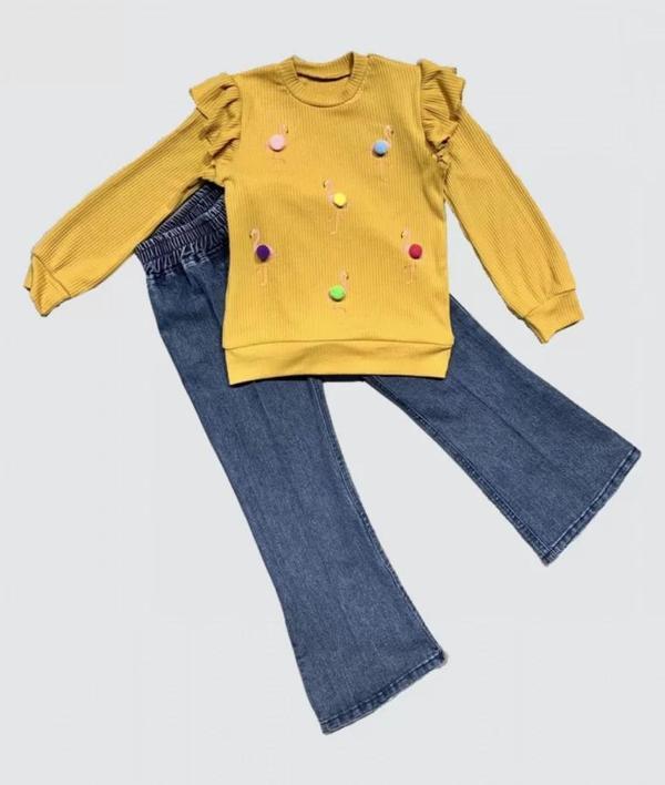 4-5-6 Yaş Kot Pantolonlu Flamingo Desenli Penye Sweat Uzun Kollu 2li Kız Çocuk Takımı Hardal - Image 1