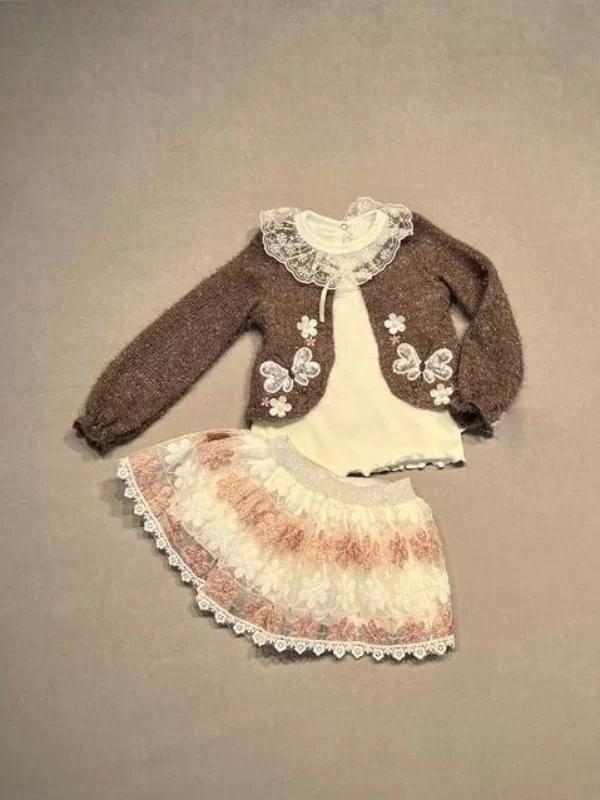 1-2-3 Yaş Brode Etekli Örme Hırkalı Uzun Kollu Sweat 3lü Kız Çocuk Takımı Kahverengi - Image 1