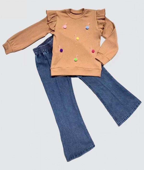 4-5-6 Yaş Kot Pantolonlu Flamingo Desenli Penye Sweat Uzun Kollu 2li Kız Çocuk Takımı Kahverengi - Image 1