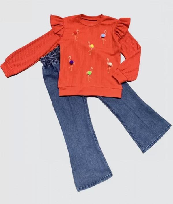 4-5-6 Yaş Kot Pantolonlu Flamingo Desenli Penye Sweat Uzun Kollu 2li Kız Çocuk Takımı Kırmızı - Image 1