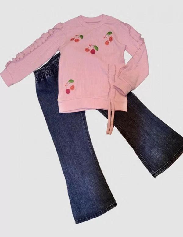 4-5-6 Yaş Kot Pantolonlu Kiraz Desenli Penye Sweat Uzun Kollu 2li Kız Çocuk Takımı Pembe - Image 1