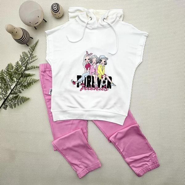 3-4-5 Yaş Forever Cici Kızlar Baskılı Kapşonlu 2li Kız Çocuk Takımı Pembe - Image 1