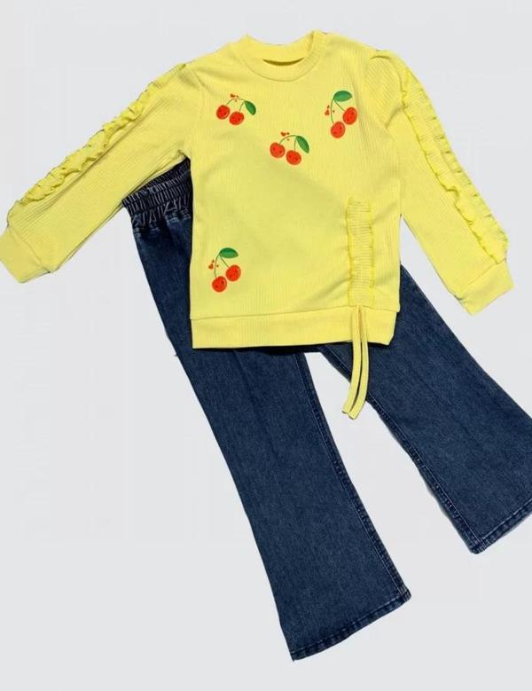 4-5-6 Yaş Kot Pantolonlu Kiraz Desenli Penye Sweat Uzun Kollu 2li Kız Çocuk Takımı Sarı - Image 1