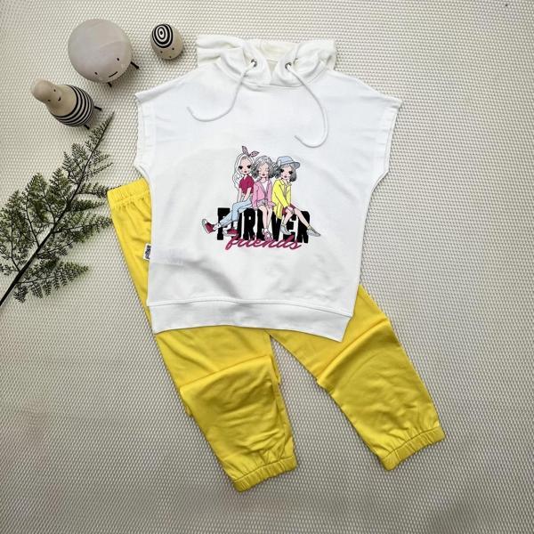 3-4-5 Yaş Forever Cici Kızlar Baskılı Kapşonlu 2li Kız Çocuk Takımı Sarı - Image 1