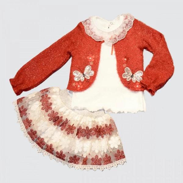 1-2-3 Yaş Brode Etekli Örme Hırkalı Uzun Kollu Sweat 3lü Kız Çocuk Takımı Kırmızı - Image 1