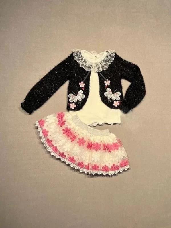 1-2-3 Yaş Brode Etekli Örme Hırkalı Uzun Kollu Sweat 3lü Kız Çocuk Takımı Siyah - Image 1