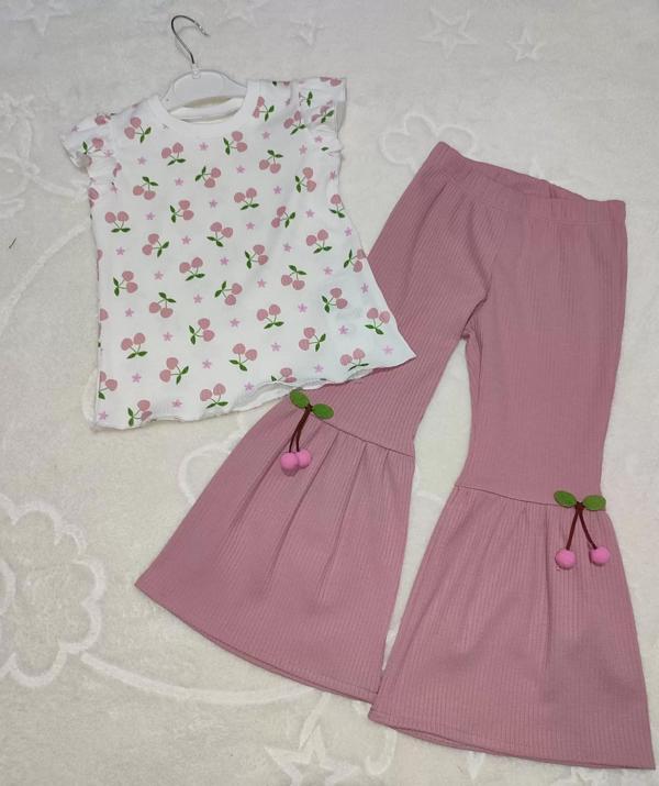 1-2-3-4 Yaş Kiraz Baskılı Tişört İspanyol Paçalı Likralı 2li Kız Çocuk Takımı Gül Kurusu - Image 1