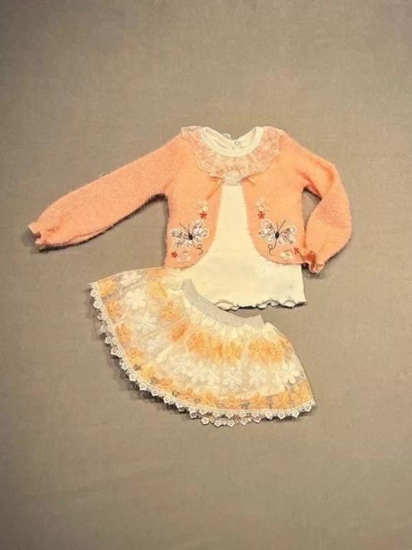 1-2-3 Yaş Brode Etekli Örme Hırkalı Uzun Kollu Sweat 3lü Kız Çocuk Takımı Somon - Image 1