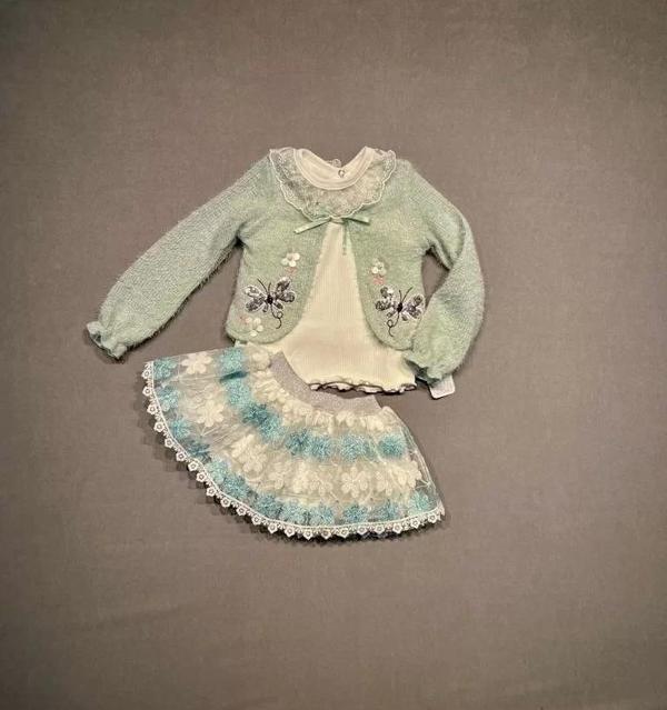 1-2-3 Yaş Brode Etekli Örme Hırkalı Uzun Kollu Sweat 3lü Kız Çocuk Takımı Su Yeşili - Image 1