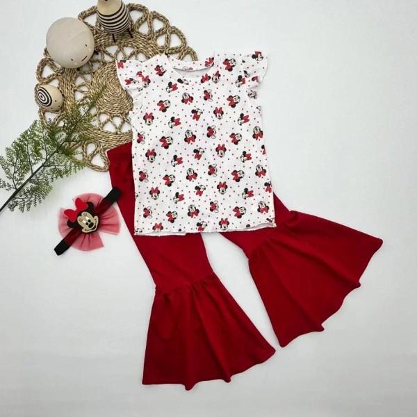1-2-3-4 Yaş Mickey Baskılı Bandanalı Tişört İspanyol Paçalı Likralı 3lü Kız Çocuk Takımı Kırmızı - Image 1