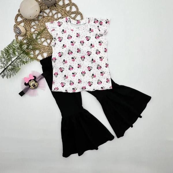 1-2-3-4 Yaş Mickey Baskılı Bandanalı Tişört İspanyol Paçalı Likralı 3lü Kız Çocuk Takımı Siyah - Image 1