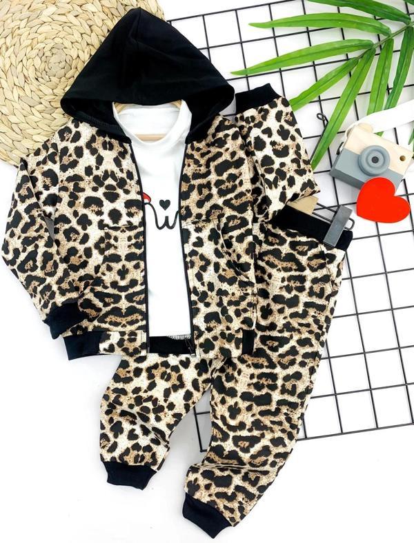 2-3-4-5 Yaş Kapşonlu Leopar Desenli Sweatli 3lü Kız Çocuk Takımı Kahverengi - Image 1