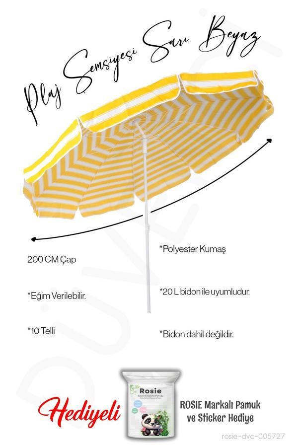 Plaj Şemsiyesi 10 Telli 200 CM Çap Sarı Beyaz Beyaz Eğim Verilir BİDONSUZ ve rosie hediye - Image 1